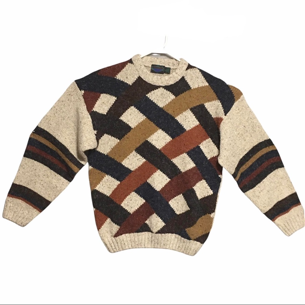 Vtg 90’s Etchings IC grandpa rag sweater wool blend fisherman crisscross lattice